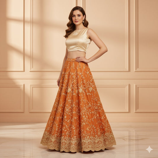 Sanskriti Vintage Orange Long Lehenga Pure Silk Hand Embroidery Zardozi Unstitch