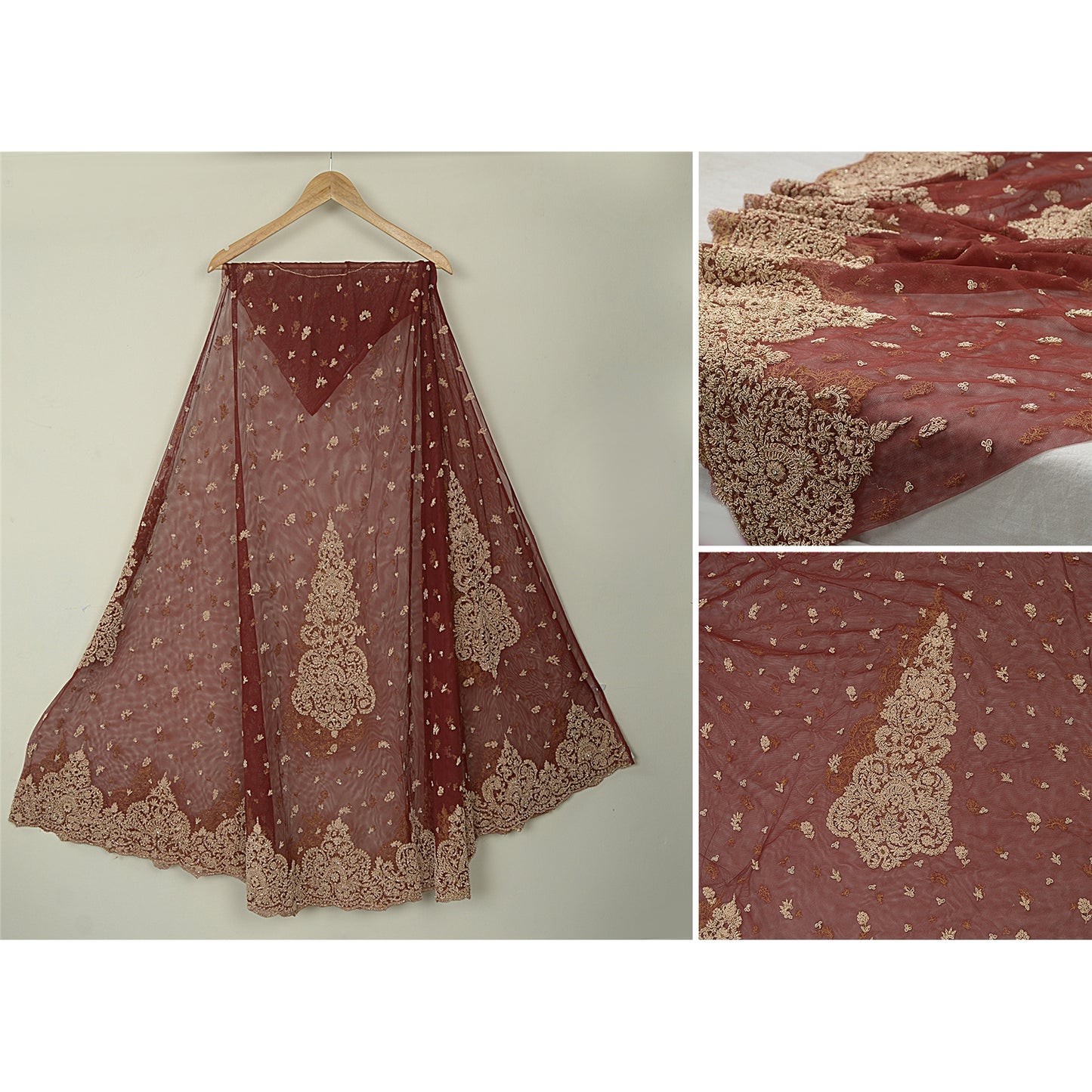 Sanskriti Vintage Dark Red Long Lehenga Net Hand Embroidered Zardozi Unstitched