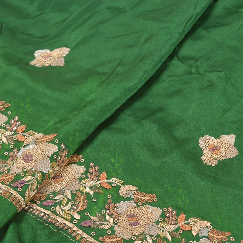 Sanskriti Vintage Green Long Lehenga Satin Silk Hand Beaded Zardozi Unstitched