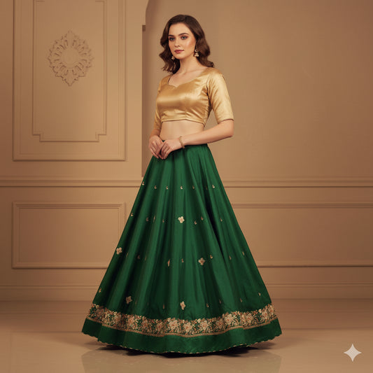 Sanskriti Vintage Green Long Lehenga Satin Silk Hand Beaded Zardozi Unstitched