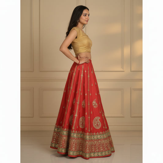 Sanskriti Vintage Red Long Lehenga Art Silk Hand Embroidered Gota Patti Stitched