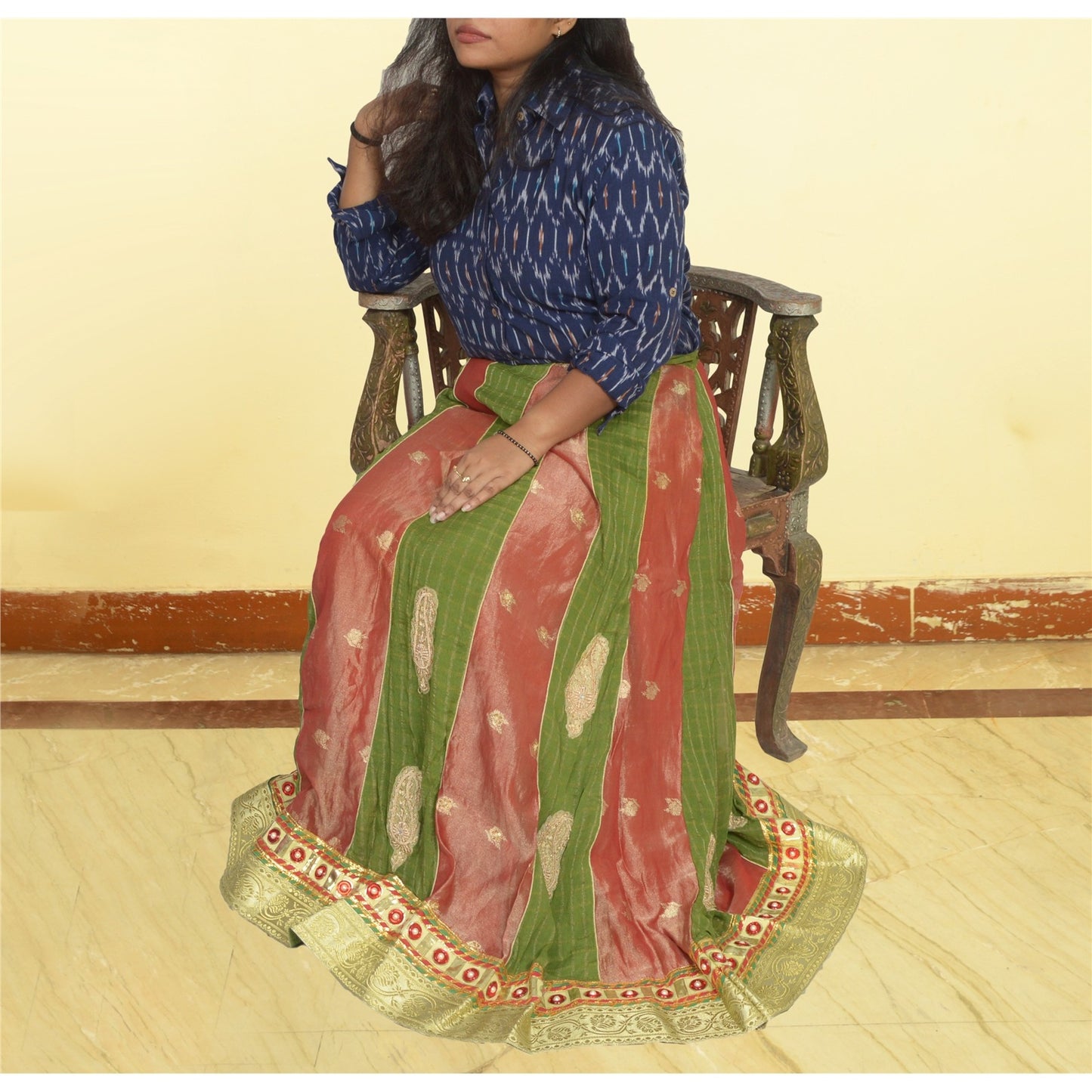 Sanskriti Vintage Long Stitched Golden Red & Green Lehenga Tissue Silk Hand Bead