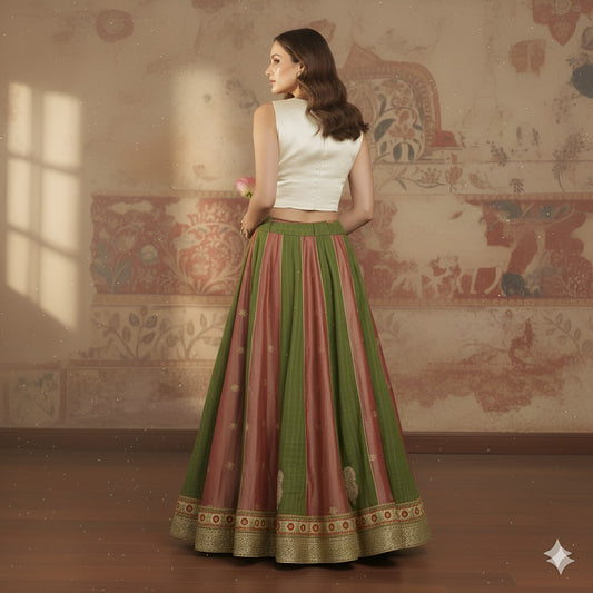 Sanskriti Vintage Long Stitched Golden Red & Green Lehenga Tissue Silk Hand Bead