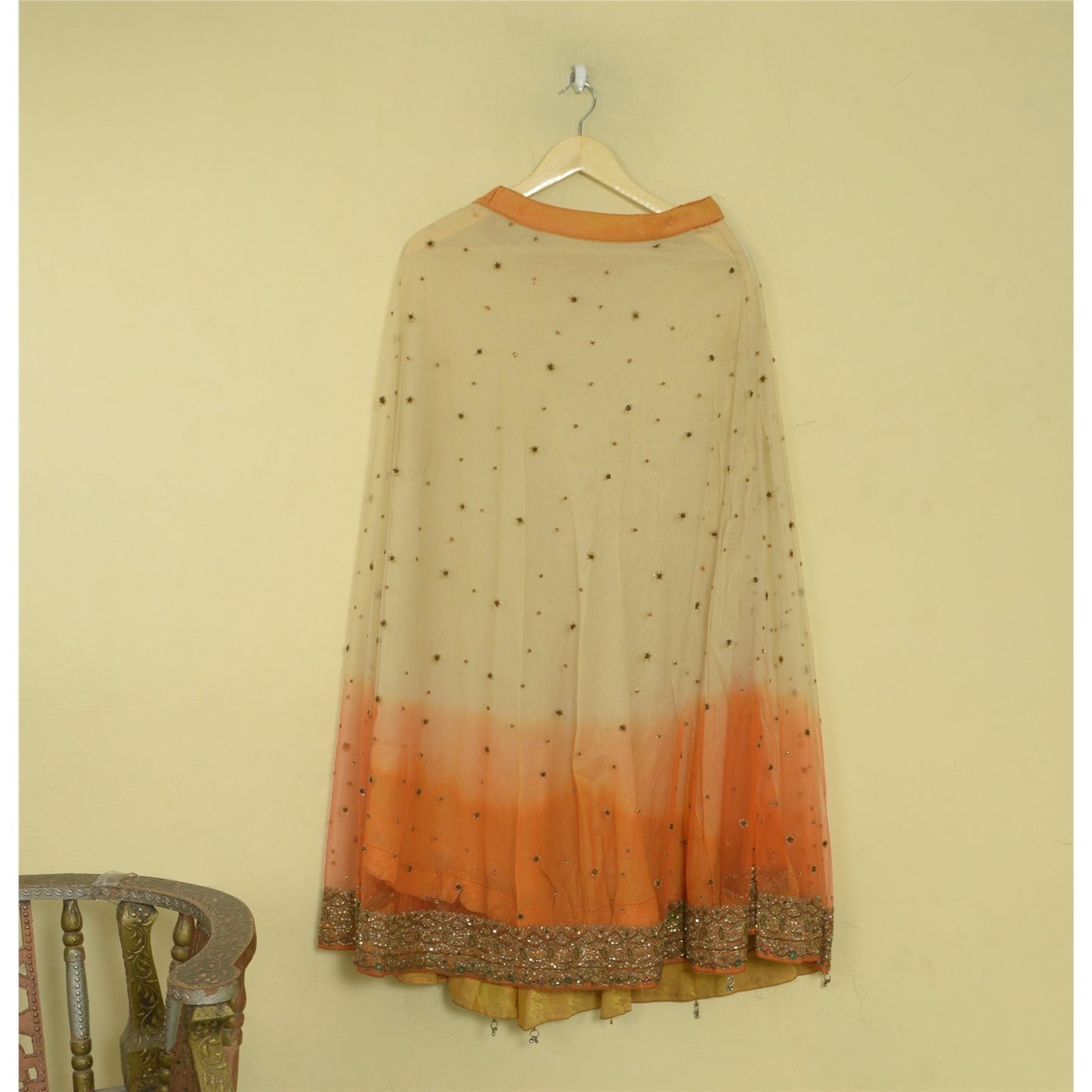 Sanskriti Vintage Cream & Orange Long Stitched Lehenga Net Hand Beaded Zardozi