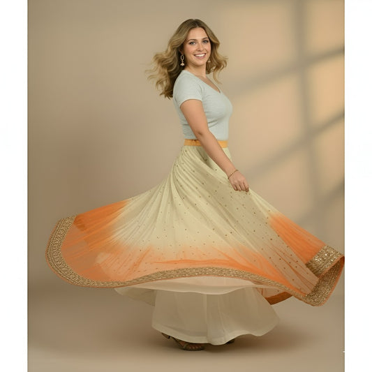 Sanskriti Vintage Cream & Orange Long Stitched Lehenga Net Hand Beaded Zardozi