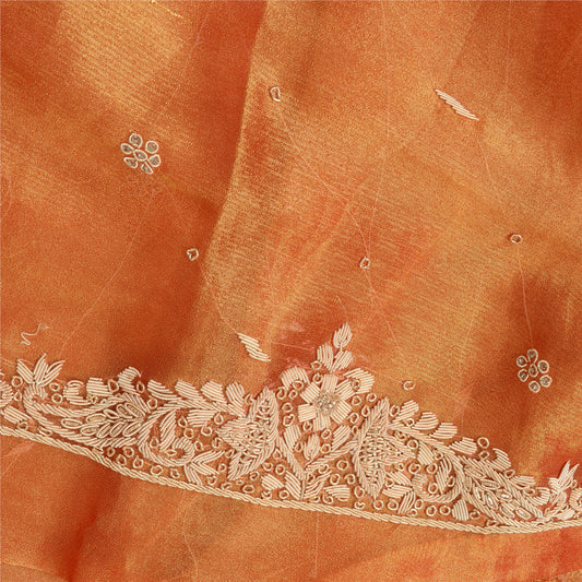 Sanskriti Vintage Long Unstitched Orange Lehenga Pure Tissue Hand Embroidered