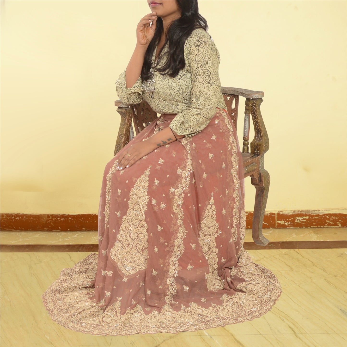 Sanskriti Vintage Rose Pink Long Unstitched Lehenga Net Hand Embroidered Zardozi