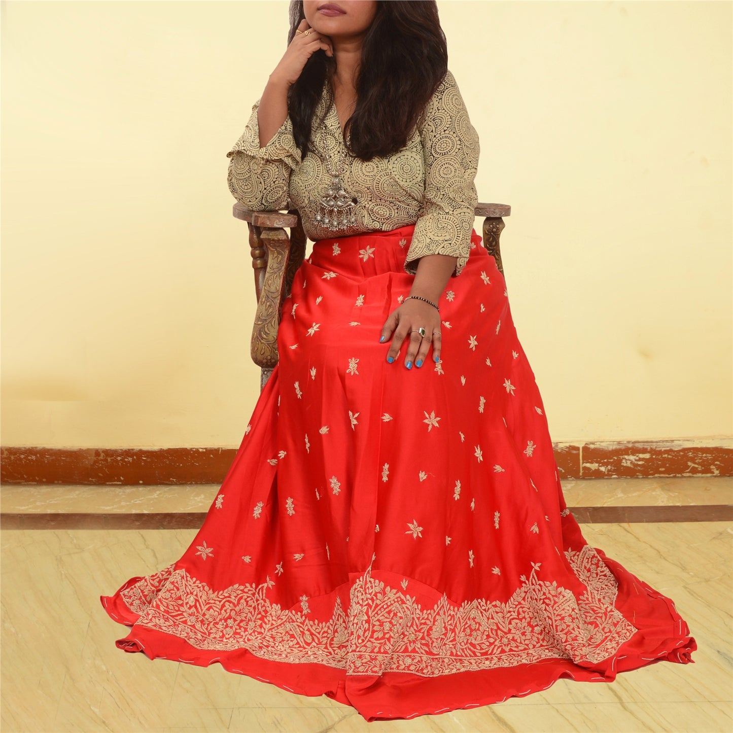 Sanskriti Vintage Red Long Unstitched Lehenga Art Silk Hand Embroidered Zardozi