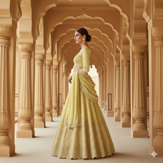 Sanskriti Vintage Golden Long Unstitched Lehenga Satin Silk Hand Beaded Zardozi