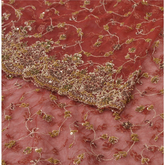 Sanskriti Vintage Red Long Unstitched Lehenga Net Mesh Hand Embroidered Zardozi