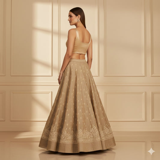 Sanskriti Vintage Copper Long Unstitch Lehenga Pure Silk Hand Embroidery Zardozi