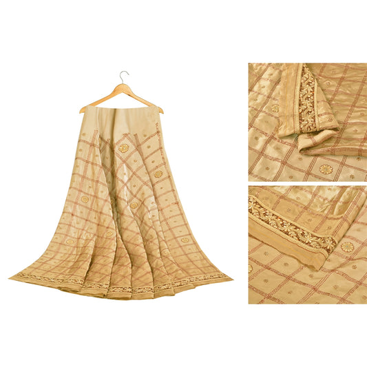 Sanskriti Vintage Beige Long Unstitch Lehenga Pure Satin Hand Embroidery Zardozi