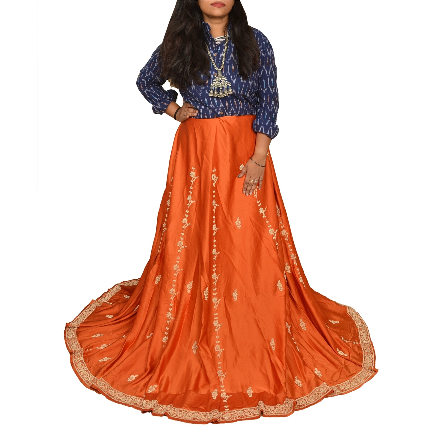 Sanskriti Vintage Orange Long Unstitch Lehenga Pure Satin Han embroidery Zardozi