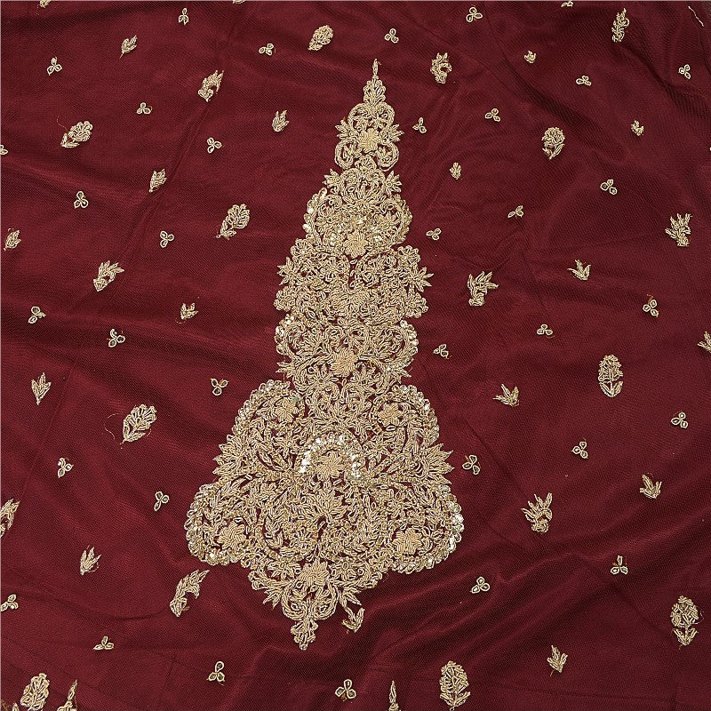 Sanskriti Vintage Red Long Stitch Lehenga Net Mesh Hand Embroidered Zari Zardozi