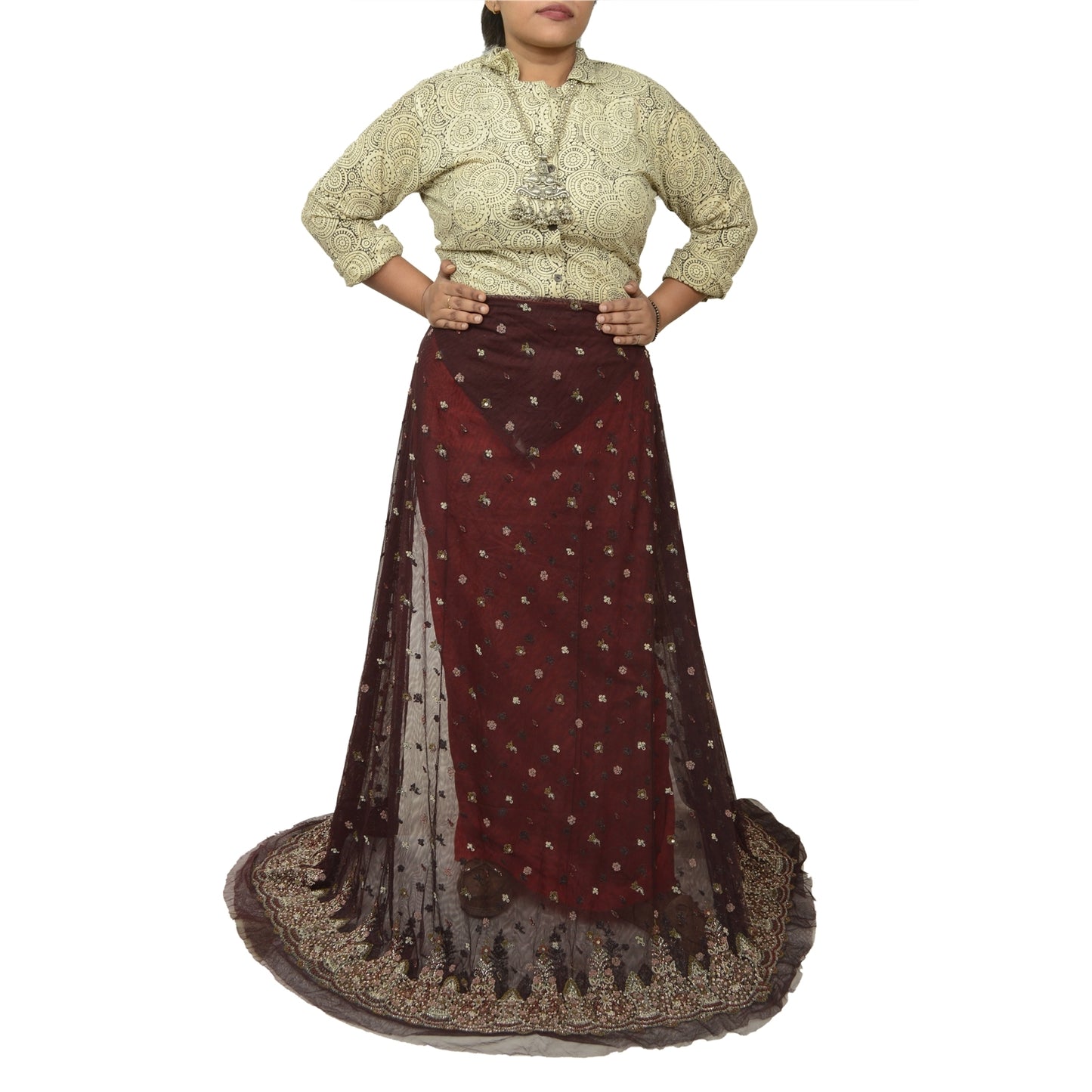 Sanskriti New Brown Net Lehenga India Unstitched Hand Embroidered Zardozi Bridal
