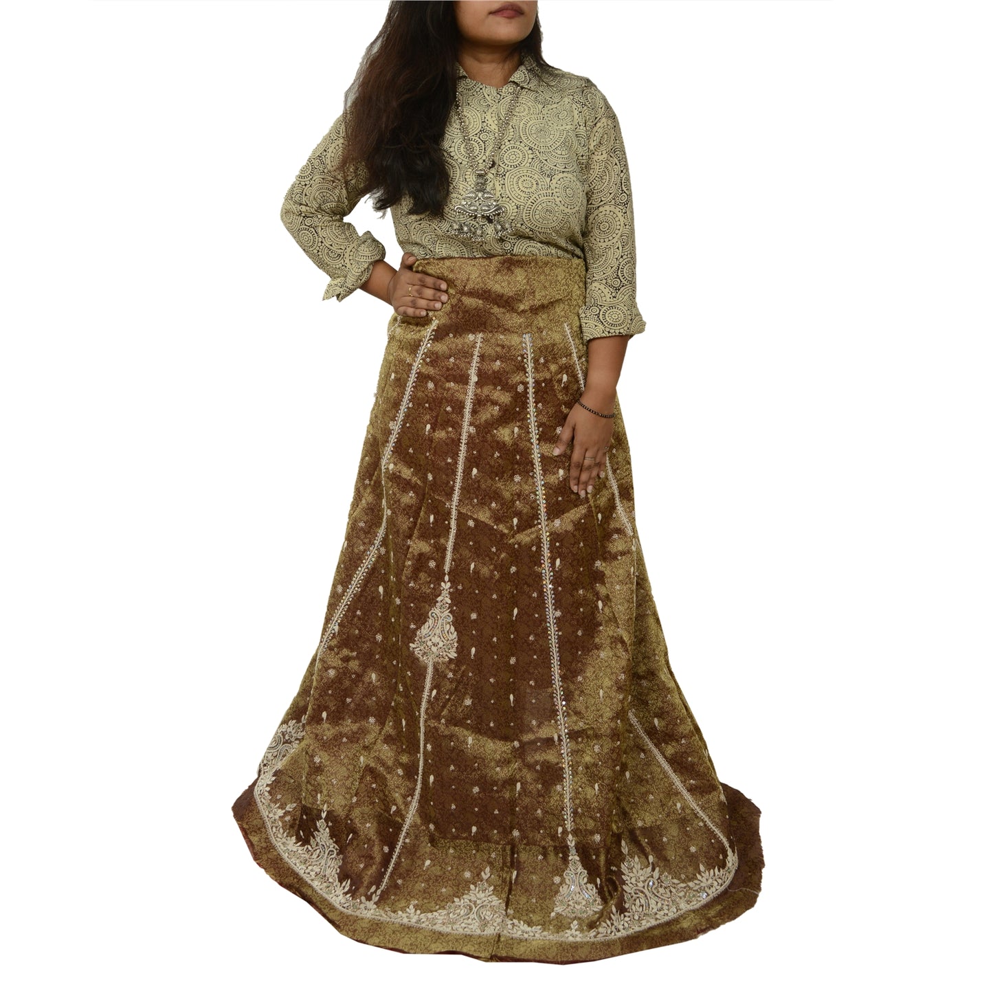 Sanskriti New Brown Pure Silk Unstitched Long Lehenga Hand Embroidered & Woven