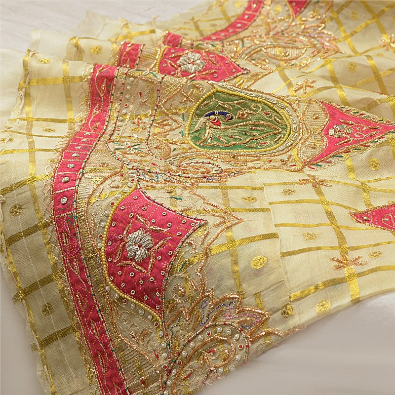 Sanskriti New Golden Pure Organza Lehenga Unstitched Peacock Hand Beaded Bridal