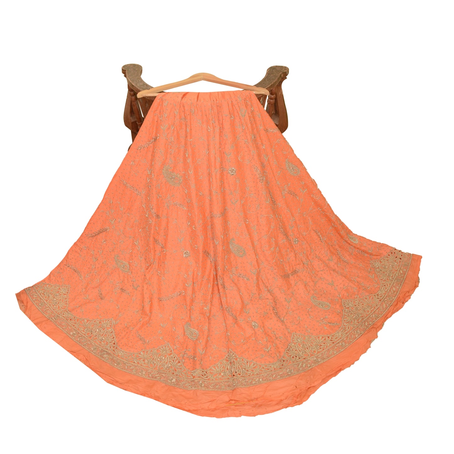 Sanskriti New Peach Pure Satin Long Lehenga Hand Embroidered Zardozi Unstitched