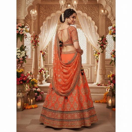 Sanskriti Vintage Peach Pure Silk Long Lehenga Hand Embroidered Zardozi Stitched