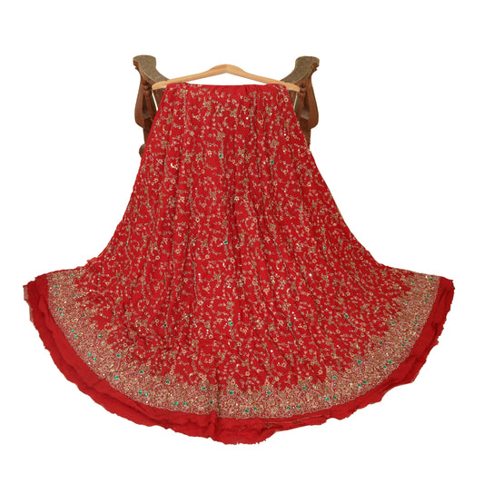 Sanskriti New Red Pure Georgette Lehenga Hand Embroidery Zari Zardozi Unstitched