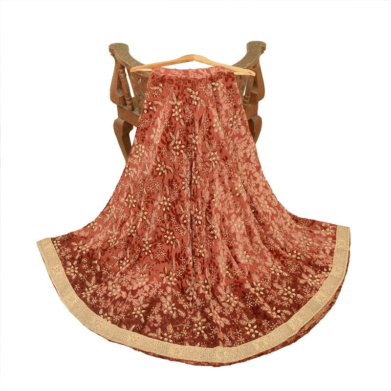 Sanskriti Vintage DarkRed Lehenga Pure Georgette HandEmbroidery Zardozi Unstitch