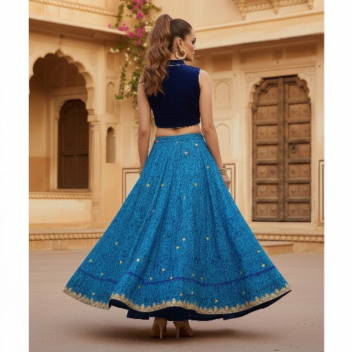 Sanskriti Vintage Blue Stitched Lehenga Silk Abstract Tie-Dye Hand Beaded Dabka