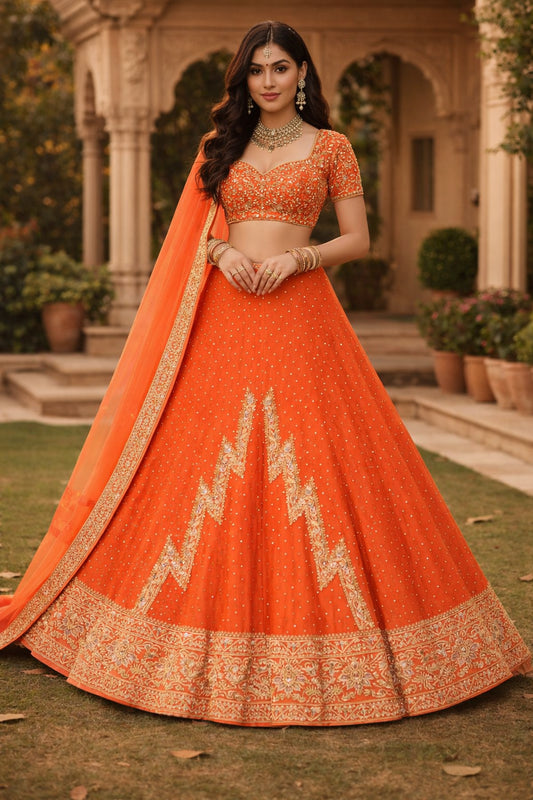 Sanskriti Vintage Orange Art Silk Unstitched Lehenga Hand Embroidered Zardozi