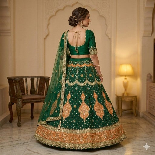 Sanskriti Vintage Green Georgette Unstitched Lehenga Hand Embroidery Zardozi