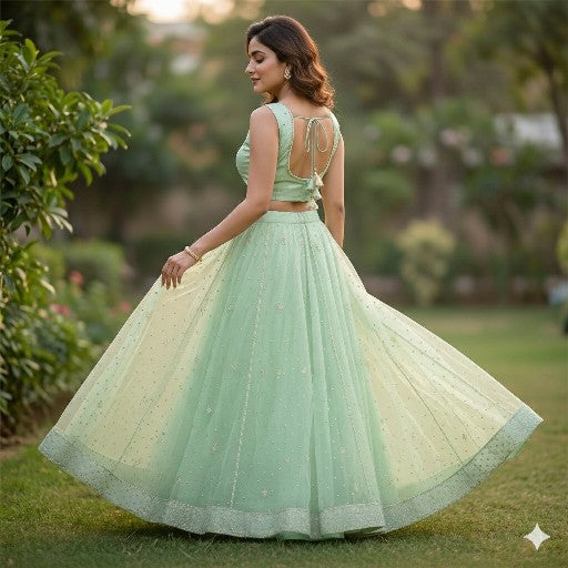 Sanskriti Vintage Green Net Mesh Stitched Lehenga Hand Embroidery Zardozi Dabka
