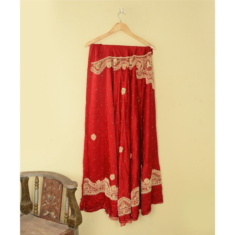 Sanskriti Vintage Red Pure Satin Silk Unstitched Lehenga Hand Embroidery Zardozi