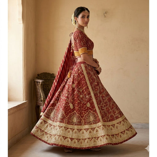 Sanskriti Vintage Red Pure Cotton Stitched Lehenga Bandhani Gharchola Hand Made