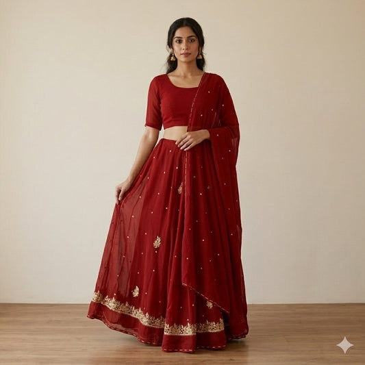 Sanskriti Vintage Maroon Georgette Unstitched Lehenga Hand Embroidered Zardozi