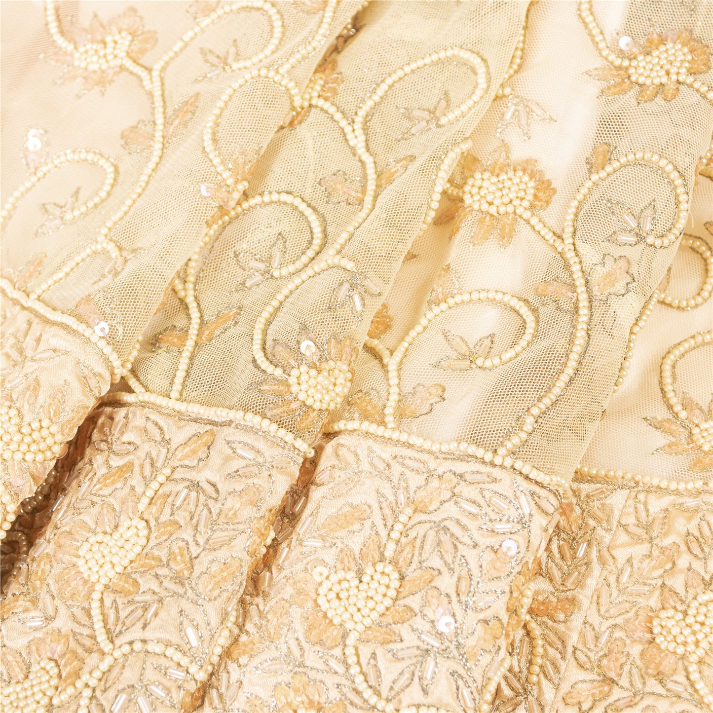 Sanskriti Vintage Peach Net Stitched Lehenga Hand Beaded Indian Wedding Ethnic