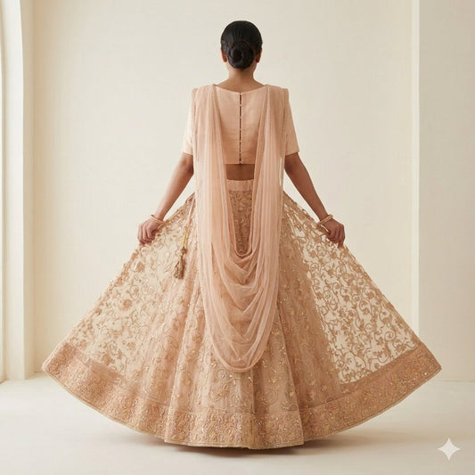 Sanskriti Vintage Peach Net Stitched Lehenga Hand Beaded Indian Wedding Ethnic