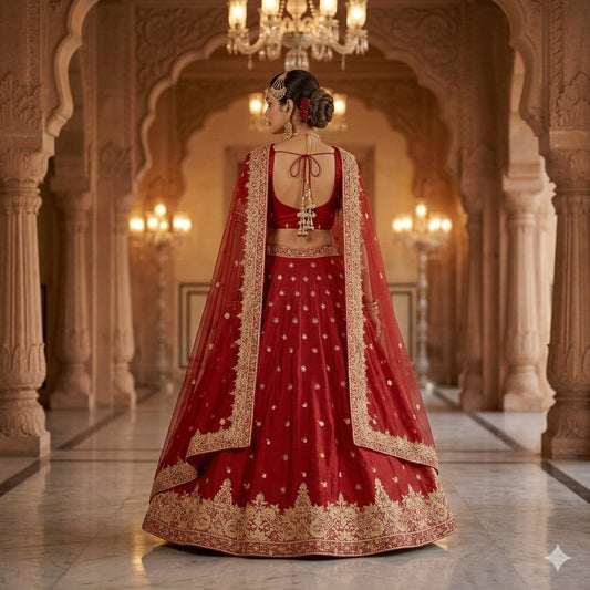 Sanskriti Vintage Red Pure Satin Silk Unstitched Lehenga Hand Embroidery Zardozi