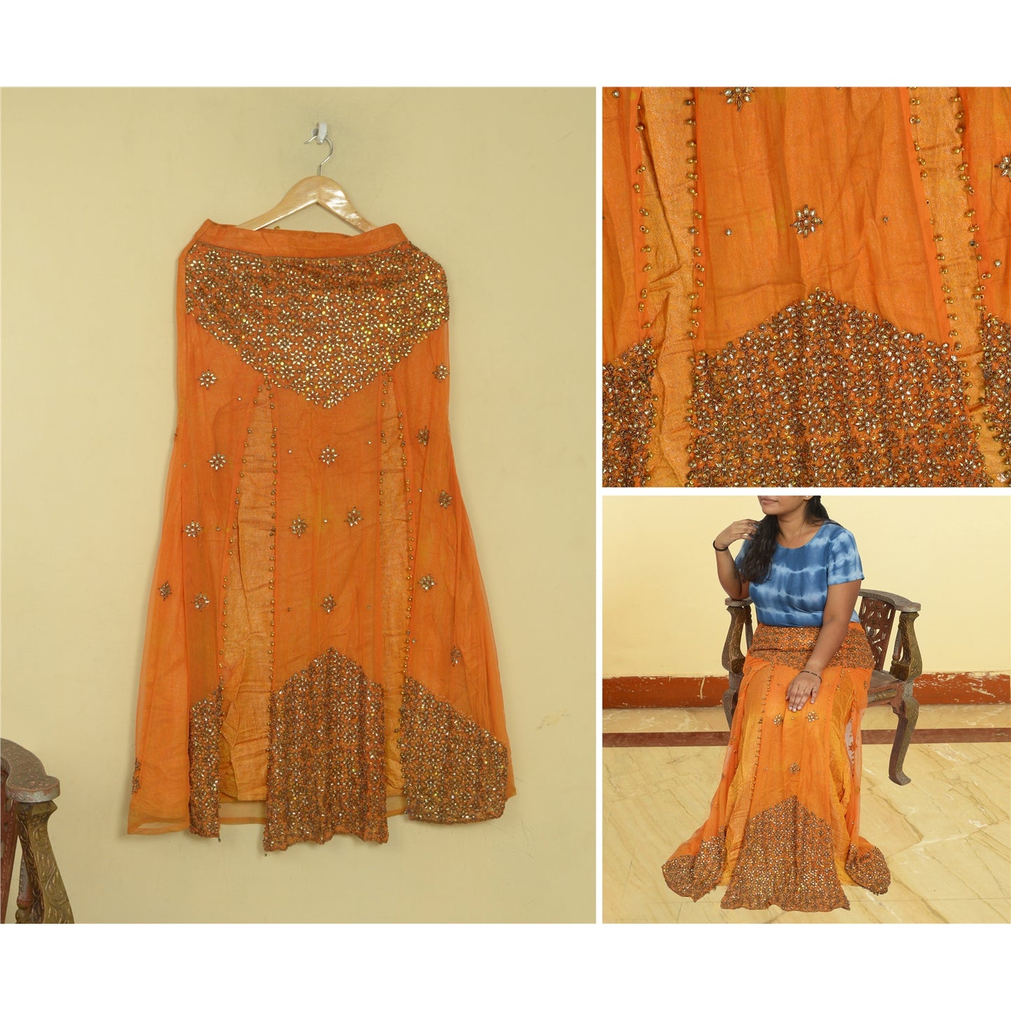 Sanskriti Vintage Orange Net Mesh Stitched Lehenga Hand Embroidery Zardozi
