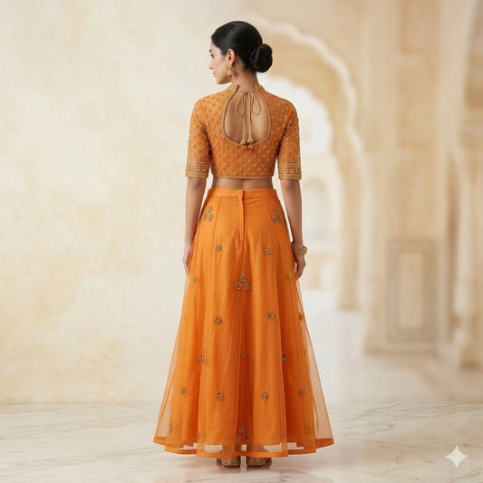 Sanskriti Vintage Orange Net Mesh Stitched Lehenga Hand Embroidery Zardozi