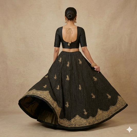 Sanskriti Vintage Black 100%Pure Silk Unstitched Lehenga Hand Embroidery Zardozi
