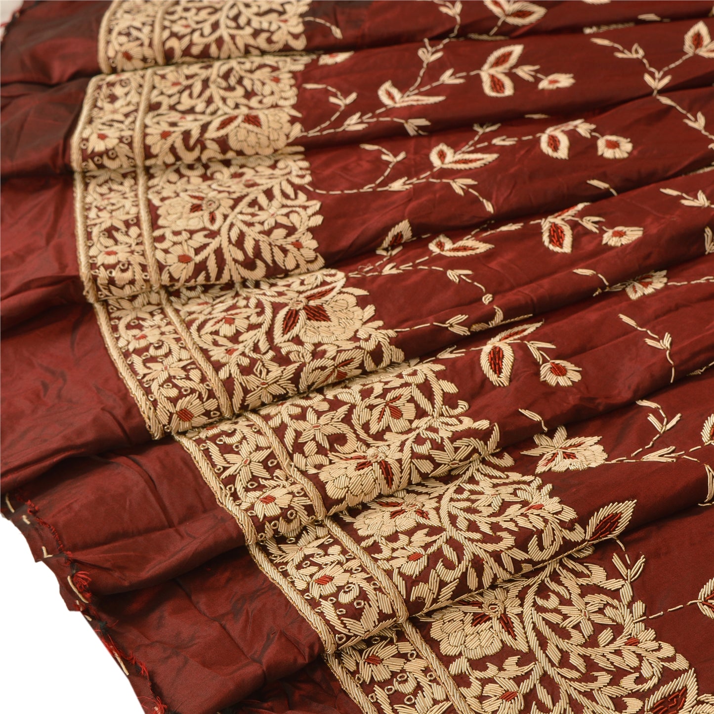 Sanskriti Vintage Dark Red Pure Silk Unstitched Lehenga Hand Embroidery Zardozi