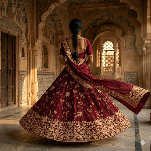 Sanskriti Vintage Dark Red Pure Silk Unstitched Lehenga Hand Embroidery Zardozi