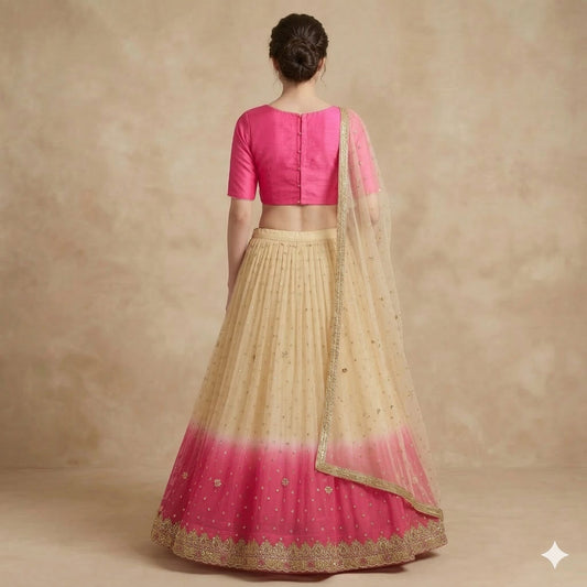 Sanskriti Vintage Golden-Pink Net Unstitched Lehenga Hand Embroidered Zardozi