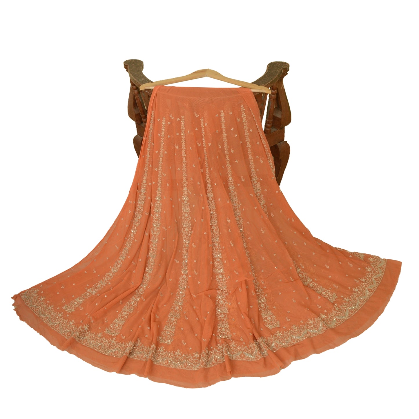 Sanskriti Vintage Orange Net Unstitched Lehenga Hand Embroidered Zardozi Dabka