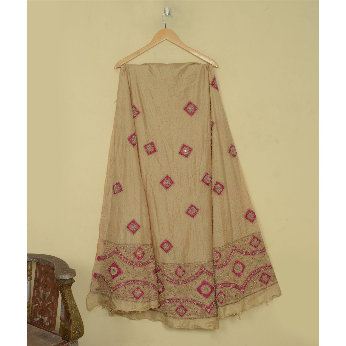 Sanskriti Vintage Golden-Beige Pure Silk Unstitched Lehenga Hand Embroidered