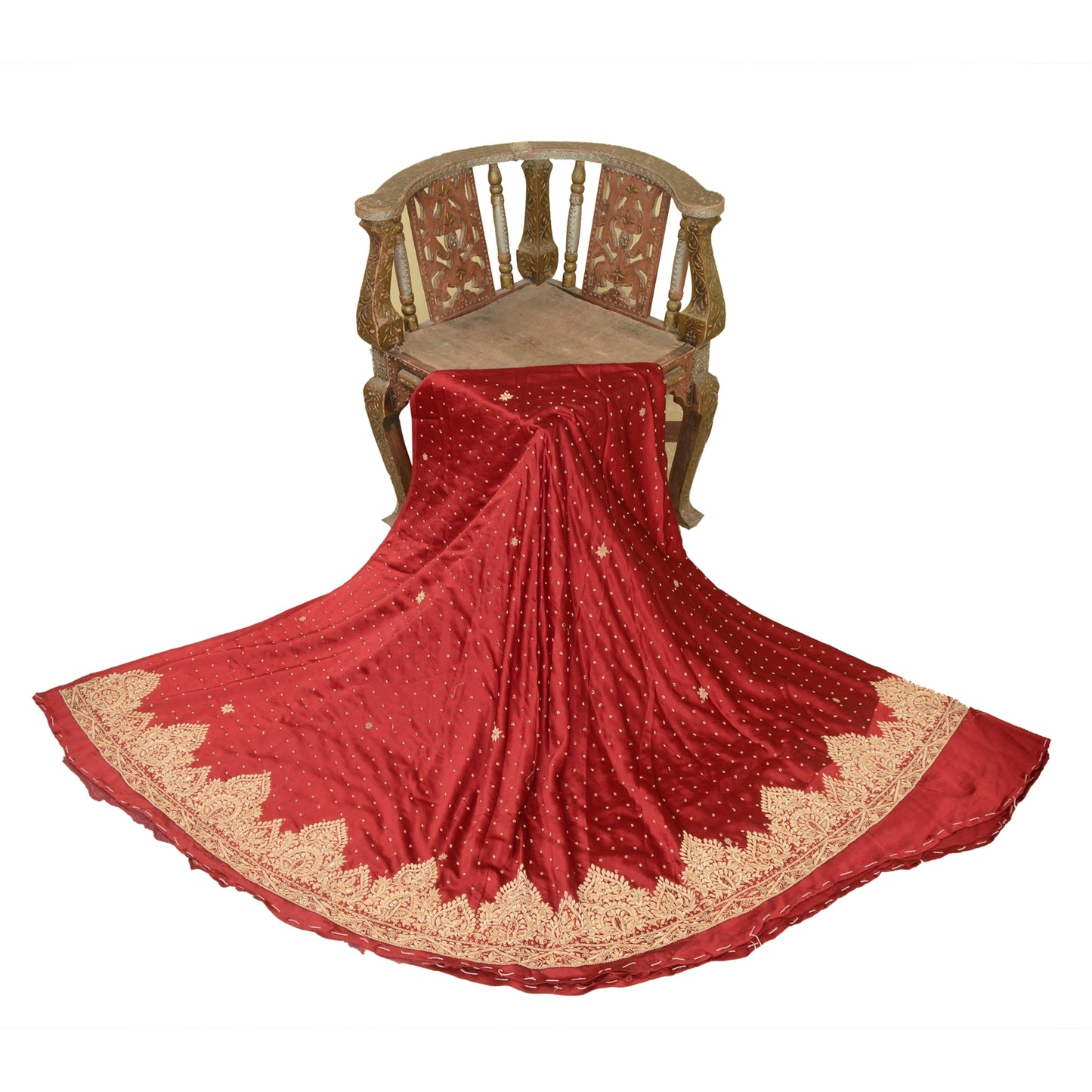 Sanskriti Vintage Dark Red Satin Silk Unstitch Lehenga Hand Embroidered Zardozi