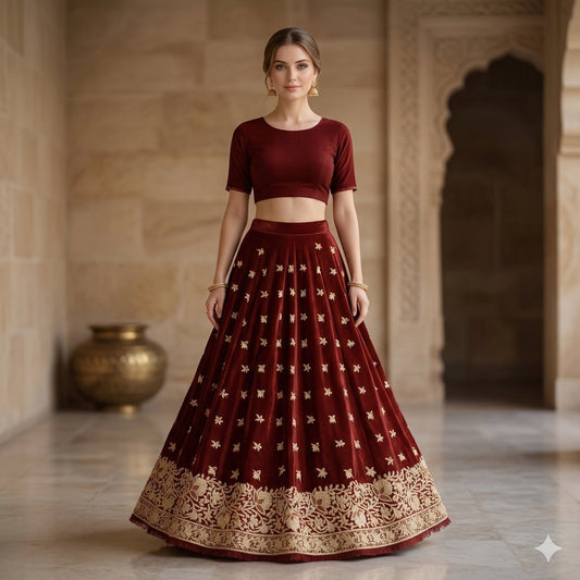 Sanskriti Vintage Dark Red Pure Silk Unstitched Lehenga Hand Embroidered Zardozi