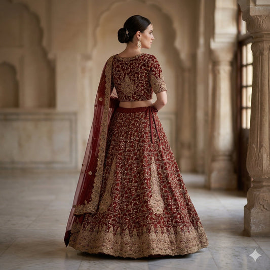 Sanskriti Vintage Dark Red Net Stitched Lehenga Hand Embroidery Zardozi Dabka