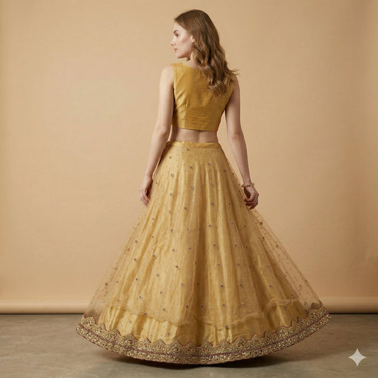 Sanskriti Vintage Golden Net Stitched Lehenga IndiaHand Embroidery Zardozi Dabka