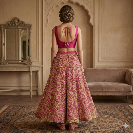 Sanskriti Vintage Pink Georgette Stitched Lehenga Hand Embroidery Thread Knotted