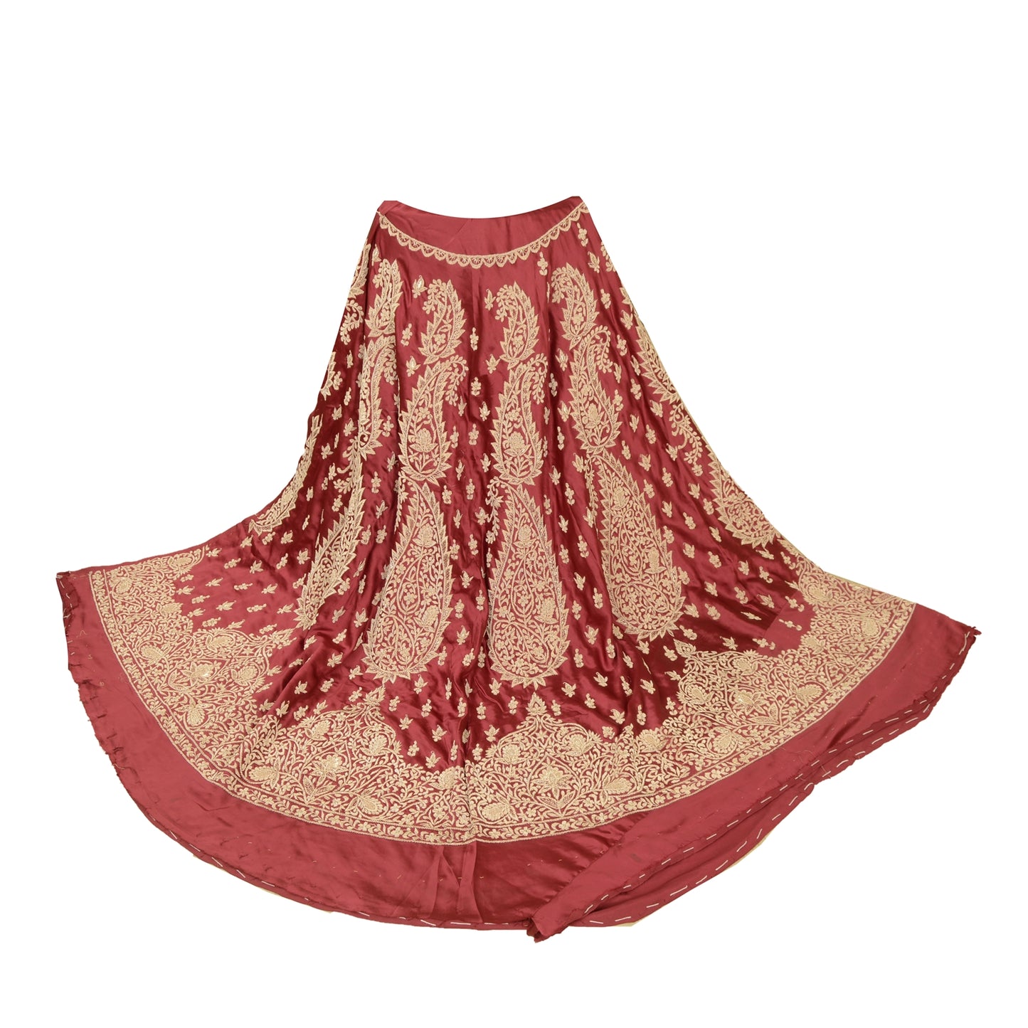 Sanskriti Vintage Dark Red Satin Silk Unstitched Lehenga Hand Embroidery Zardozi