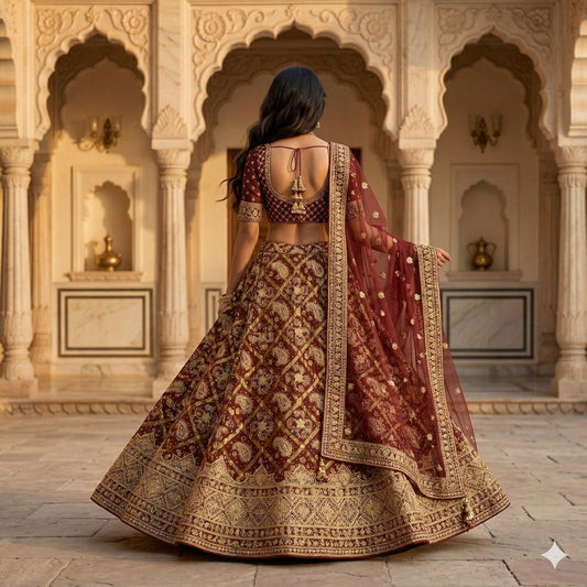 Sanskriti Vintage DarkRed Pure Silk Unstitch Lehenga Handmade Bandhani Gharcholi